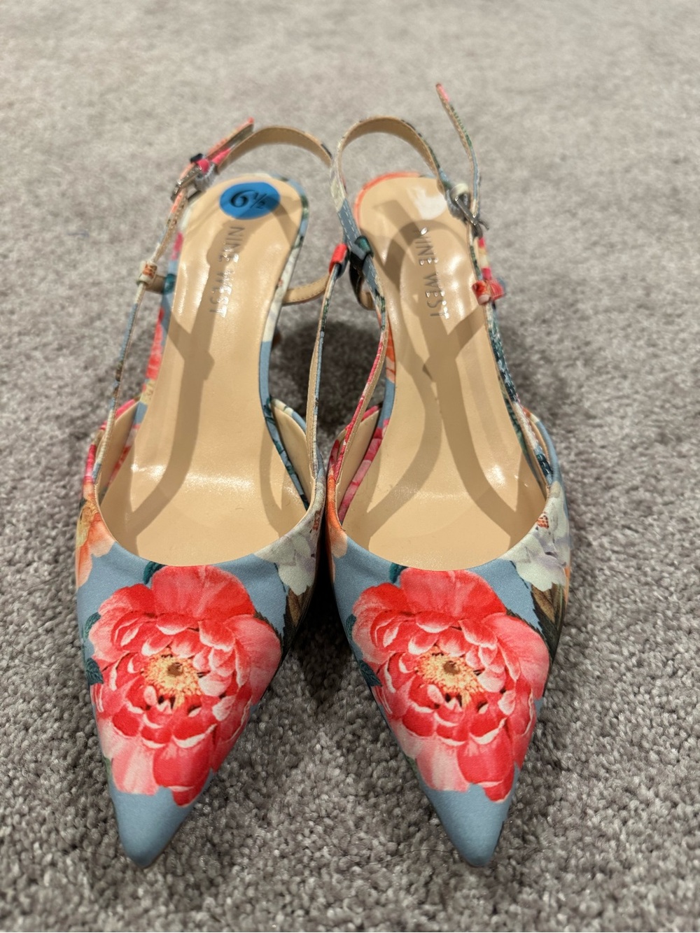 Nine West Blue Floral Pointed-Toe Slingback Heels with Coral Flowers